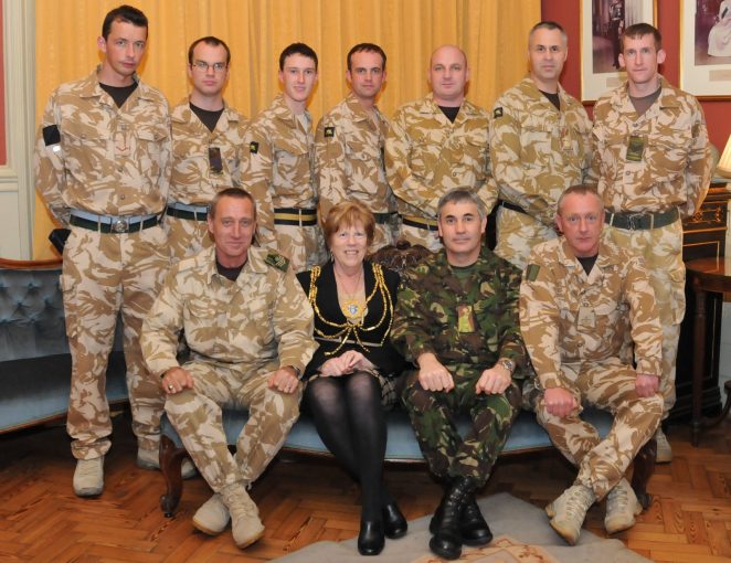 Members of B Company 3rd Battalion Princess of Wales Royal Regiment and 884 Troop 56 Signals Squad with the Mayor, Councillor Ann Norman | Photo by Tony Mould