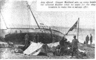 Shipwrecked family camping on Brighton Beach with their beached boat, 'Rustler' in 1952 | Photo supplied by Arthur Loosley, Brighton and Hove Herald