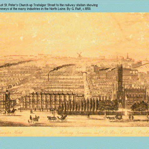 Drawn by G. Ruff c1850.  Shows the view west past St. Peter's church and up Trafalgar Street to the railway station.  This drawing shows the smoking chimneys of the many industries in the North Laine.