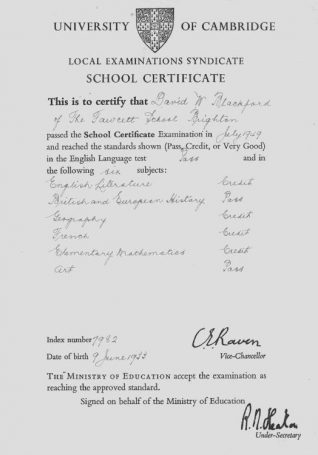 School certificate, July 1949 | Photo from the private collection of David Blackford