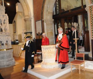 Preceded by the Mayoral Mace Bearer, Robert Robertson, the Mayor and Mayoress arrive at St Nicholas Church | Photo by Tony Mould