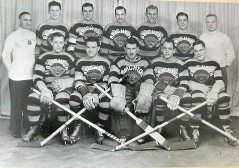 Brighton Tigers Hockey Club, 1935-36.  Back row: Bill Hawkens (trainer), Bobby Beaton, Bill Cuin, Harry Pyefinch, Stan Ramsey, Hymie McArthur, Nobby Clark (coach).  Front row: Clyde Nears, Jimmy Borland, Leo Sargeant, George Parsons, Ted Kein | From the SS Brighton Archive