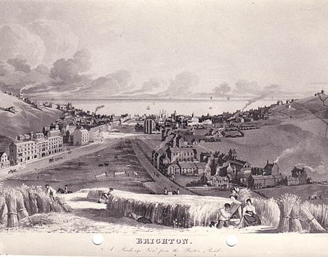 View of Brighton, 1819. Bird's eye view of Brighton from the Preston Road. Aquatint. Drawn by J. Cordwell, engraved by D. Howell August 1819. This copy is actually a reprint made in 1879. It clearly shows the limited development which had taken place on the North Laine by this date. | Image reproduced with permission from Brighton History Centre