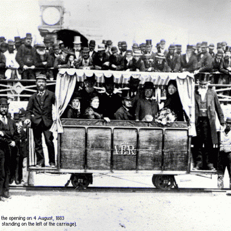 Volk's Railway, the opening on 4th August, 1883(Magnus Volk is standing on the left of the carriage) | Image gallery from the 'My Brighton' exhibit