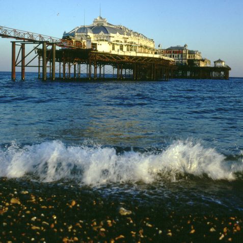 The West Pier seen in 1997; note the temporary walkway which joined the derelict southern portions of the pier to the shore section. | Reproduced courtesy of The Brighton West Pier Trust
