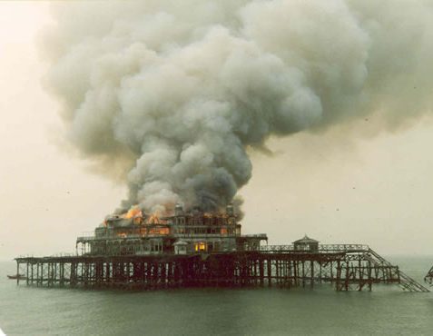 28th March 2003 the old pier becomes the target for an arsonist and is totally destroyed by fire. | Reproduced courtesy of The Brighton West Pier Trust