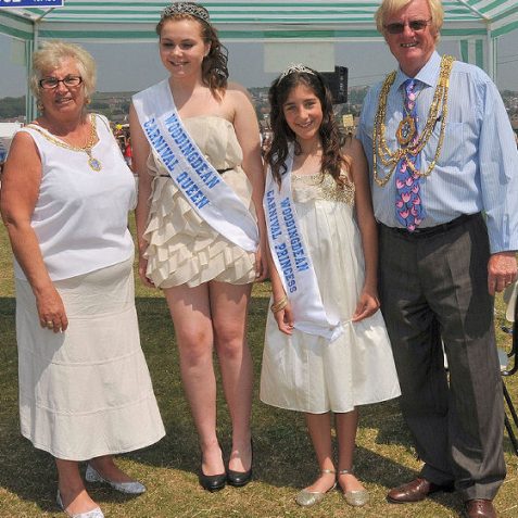 The Mayoress Mrs Sally Wells, carnival queen, Lillie Magee, and carnival princess Rosie Soltani and The Mayor, Councillor Geoff Wells | Photo by Tony Mould