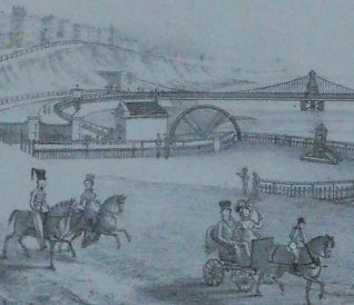 The treadwheel, or waterwheel, at the Chain Pier Esplanade 1823-4. | Courtesy of the Society of Brighton Print Collectors