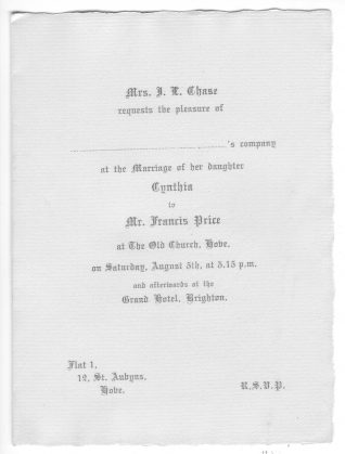 Printed invitation for the wedding of Francis Price and Cynthia Chase, 5th August 1939 | Contributed to the Letter in the Attic by Anne Morrison