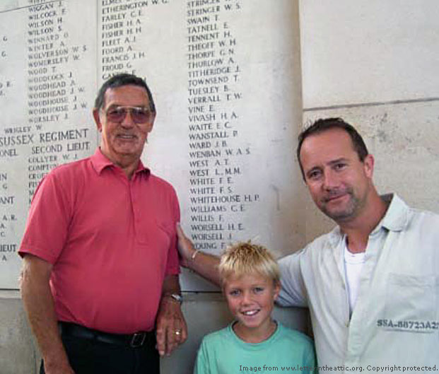 Whitehouse family beside inscription of Percy Whitehouse's name on Menin Gate | From the private collection of Peter Whitehouse
