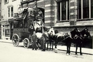 Horse-drawn Mail Coach, c. 1900: Royal Mail coach and horses with driver and other Royal Mail employees. | Image reproduced with kind permission from Brighton and Hove in Pictures by Brighton and Hove City Council