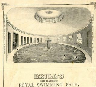 Brill's Baths, c1869. Swimmers relaxing in the gentlemen's circular swimming bath. Charles Brill inherited the original baths from a Mr. Lamprell, his uncle, in the 1840's. At one time the sea-water was brought from Hove to Brighton as Brighton's coast was thought to be too polluted. The baths were demolished in 1929. | Image reproduced with kind permission from Brighton and Hove in Pictures by Brighton and Hove City Council