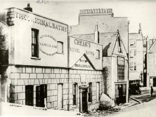 Creak's Royal Baths, 1860, Creak's Royal Baths - formerly Awsiter's, Baths - awaiting demolition in 1860 before rebuilding as part of Brill's Baths. | Image reproduced with kind permission from Brighton and Hove in Pictures by Brighton and Hove City Council