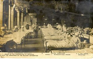 Indian Hospital - Banqueting Room of the Royal Pavilion, c. 1915: Royal Pavilion Banqueting room used as a military hospital and filled with patients during the first world war. | Image reproduced with kind permission from Brighton and Hove in Pictures by Brighton and Hove City Council