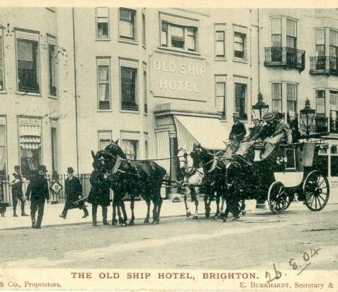 Coach outside the Old Ship Hotel, c1904. A corn market was held here from the beginning of the nineteenth century until 1822. | Image reproduced with kind permission from Brighton and Hove in Pictures by Brighton and Hove City Council