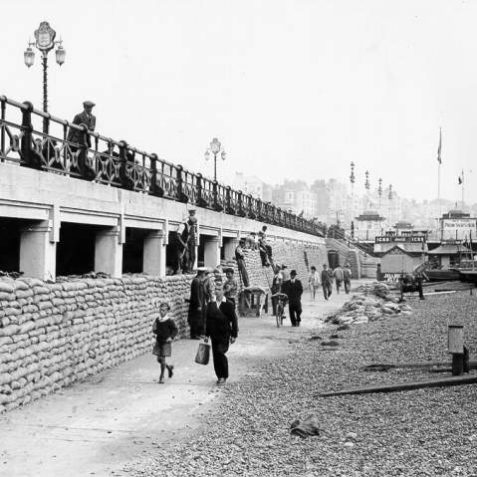 Sandbagging the Seafront Terrace, c. 1940: Sandbagging the seafront terrace to the west of the Palace Pier. | Image reproduced with kind permission from Brighton and Hove in Pictures by Brighton and Hove City Council