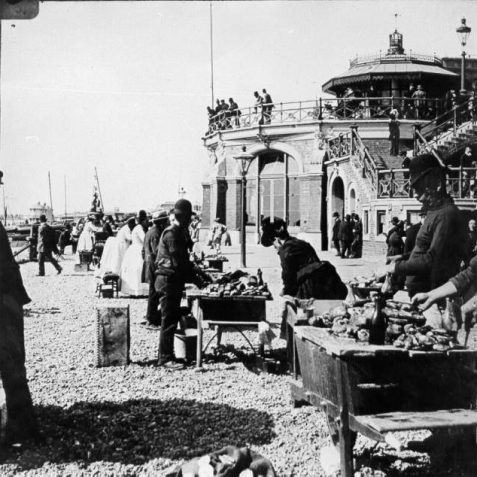 For many centuries, Brighton's fish market was situated on the beach below the low cliffs at the end of East Street, now built over by Grand Junction Road. From the 1880s the fish market at Brighton beach was at 216-224 King's Road Arches, with a hard area provided in front for stalls. Although fishing decreased during the 20th century, the market still sold 